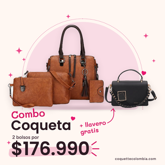 Combo Coqueta 2 bolsos: Set Venecia de 4 Piezas Miel + Cartera Sierra Negro