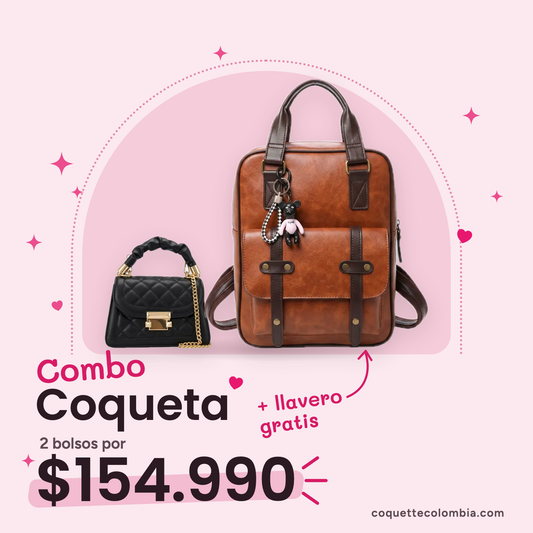Combo Coqueta 2 bolsos: Cartera Matilde Negro + Morral Ariel Miel