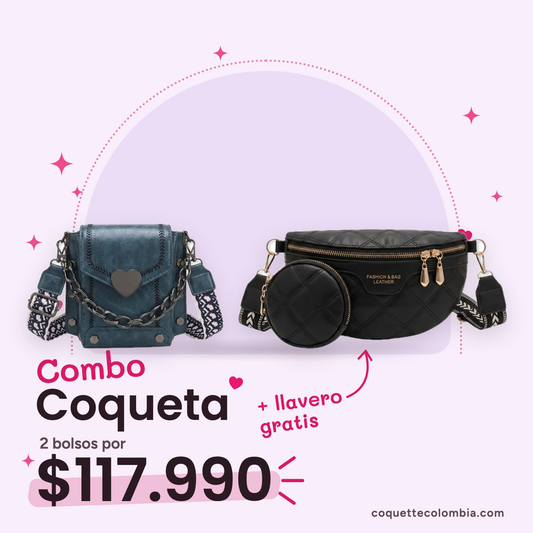 Combo Coqueta 2 bolsos: Cartera Benedetta Azul + Riñonera Paulina Negra