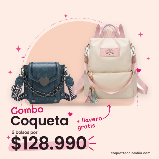 Combo Coqueta 2 bolsos: Cartera Benedetta Azul + Morral Alina Blanco