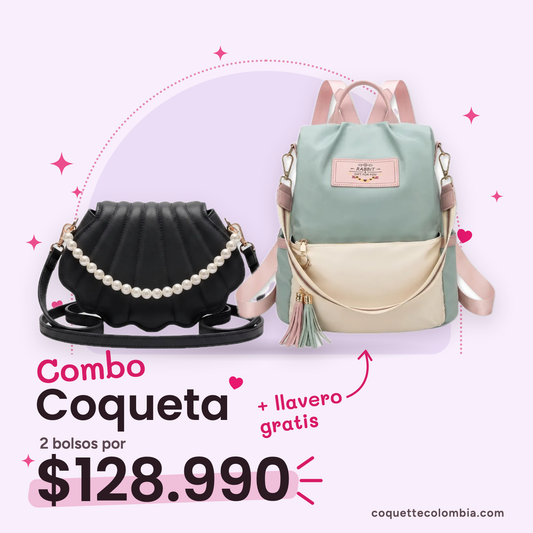 Combo Coqueta 2 bolsos: Cartera Luciana Negro + Morral Alina Verde