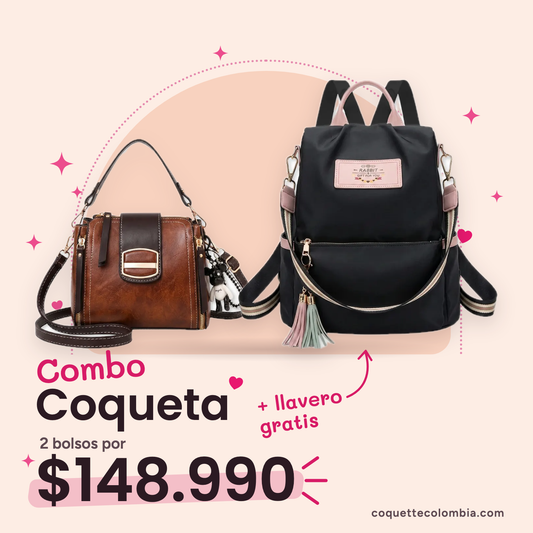 Combo Coqueta 2 bolsos: Cartera Simona Café + Morral Alina Negro