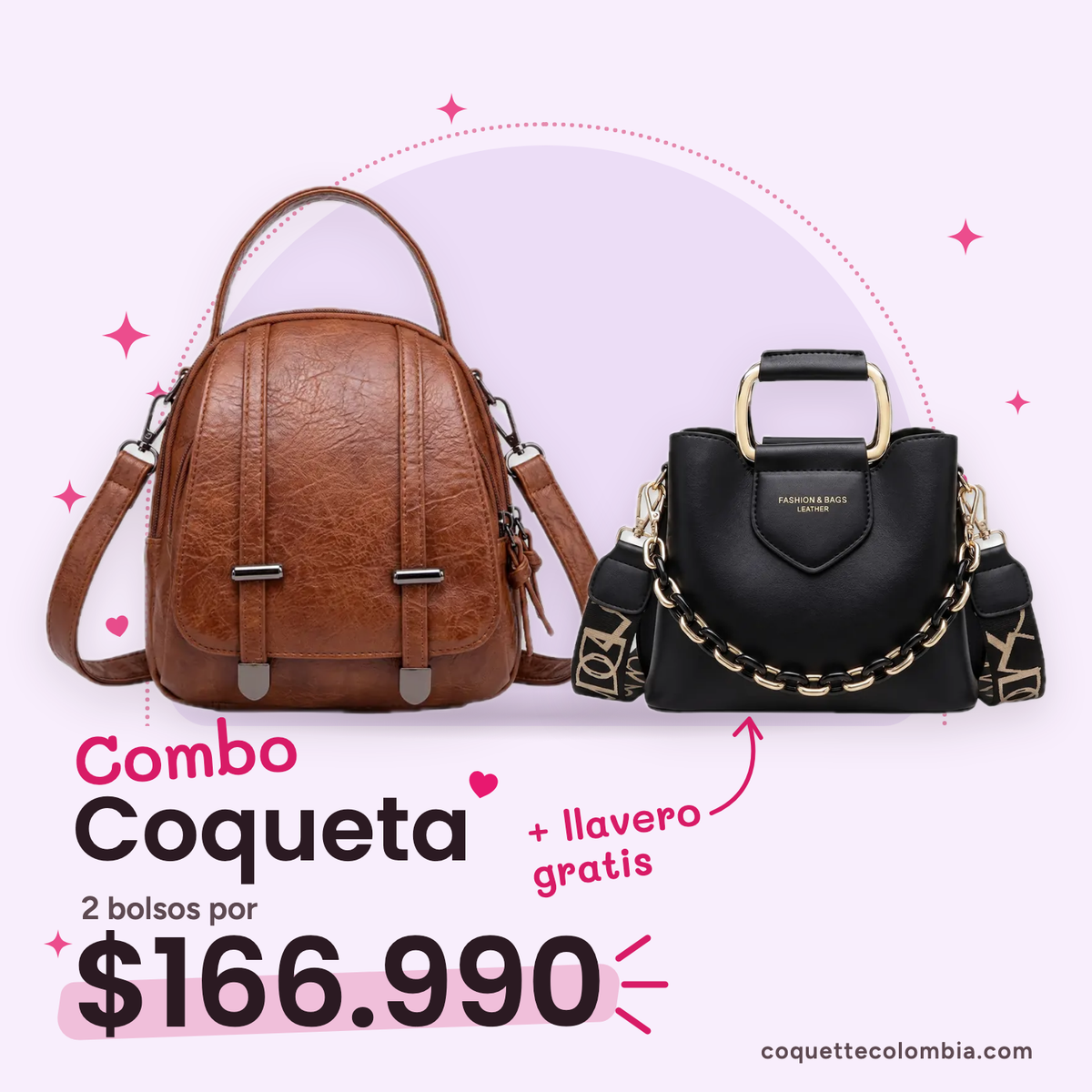 Combo Coqueta 2 bolsos: Cartera Zoe Café + Cartera Noa Negra