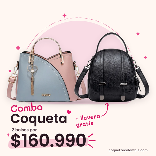 Combo Coqueta 2 bolsos: Cartera Chloe Celeste/Rosa + Cartera Zoe Negro