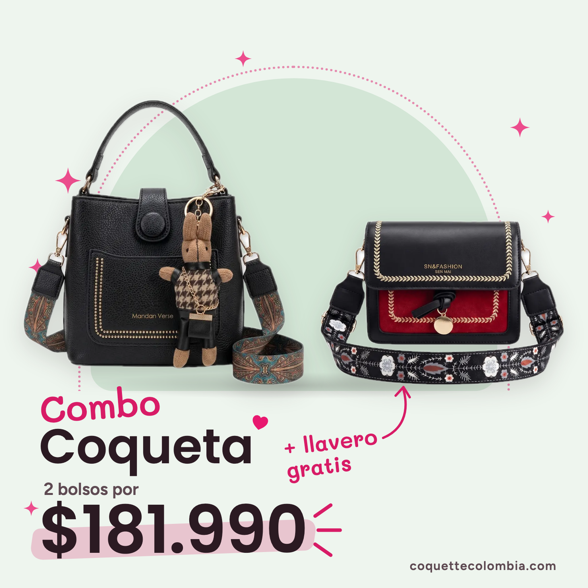 Combo Coqueta 2 bolsos: Cartera Savina Negra + Cartera Amara Negro/Rojo