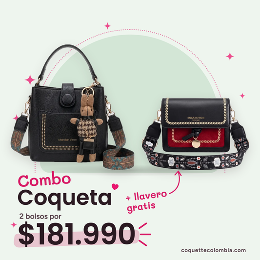 Combo Coqueta 2 bolsos: Cartera Savina Negra + Cartera Amara Negro/Rojo