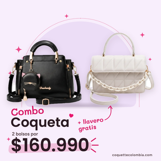 Combo Coqueta 2 bolsos: Cartera Miau Negro + Cartera Coral Blanco