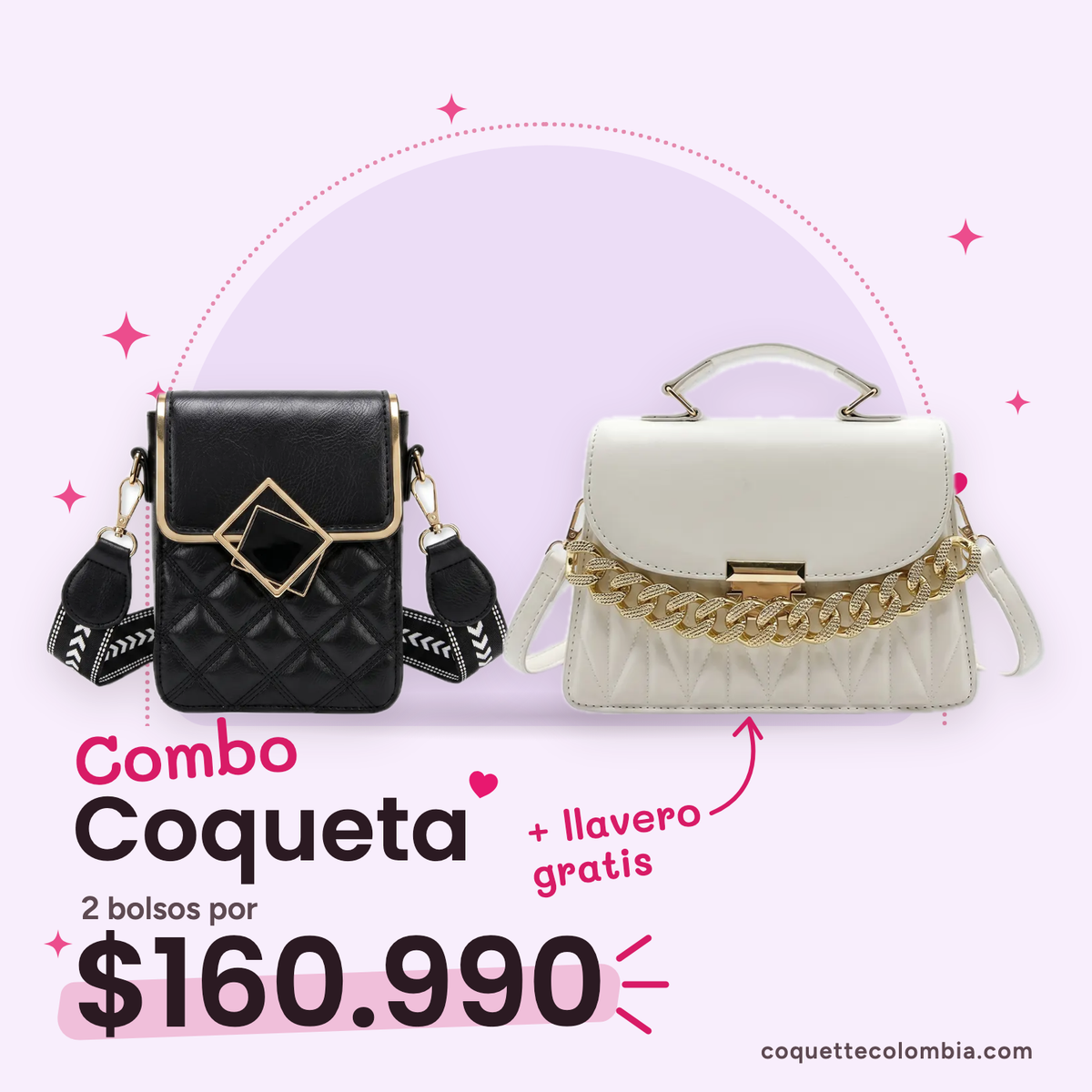Combo Coqueta 2 bolsos: Cartera Regina Negro + Cartera Teresa Blanco