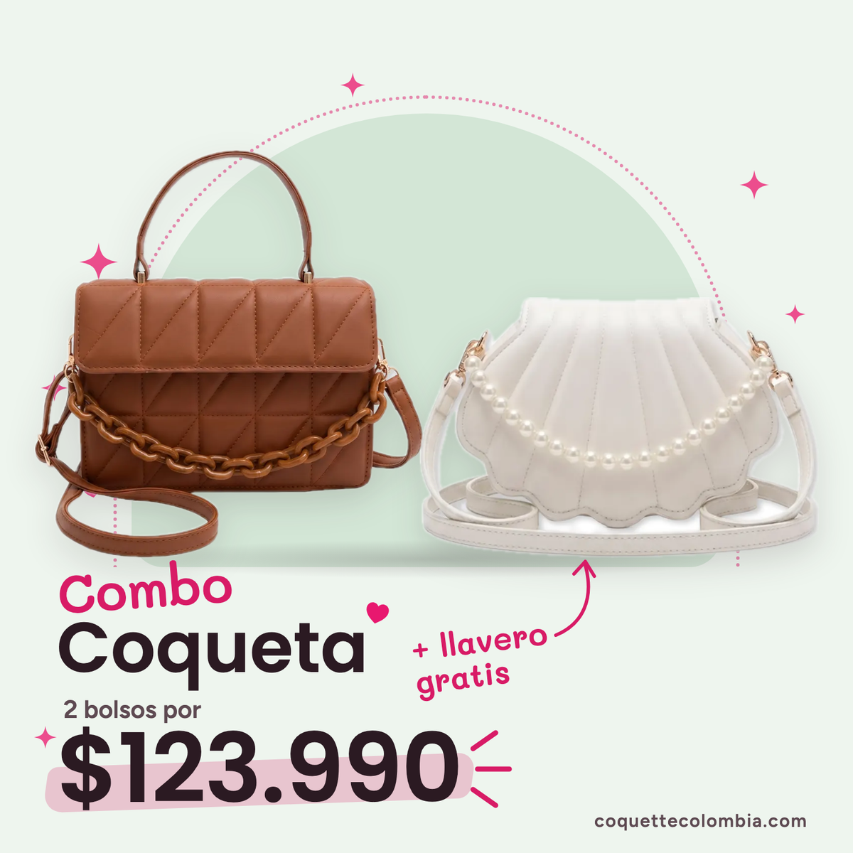 Combo Coqueta 2 bolsos: Cartera Coral Miel + Cartera Luciana Blanco