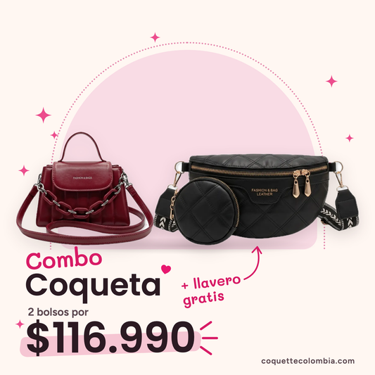 Combo Coqueta 2 bolsos: Cartera Amélie Roja + Riñonera Paulina Negra