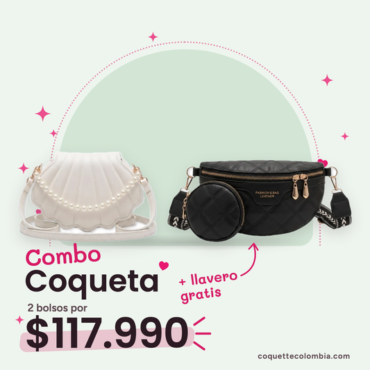 Combo Coqueta 2 bolsos: Cartera Luciana Blanco + Riñonera Paulina Negra
