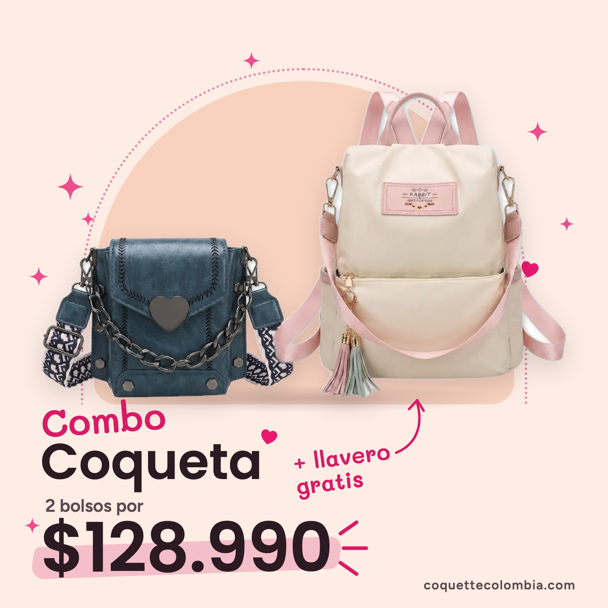 Combo Coqueta 2 bolsos: Cartera Benedetta Azul + Morral Alina Blanco