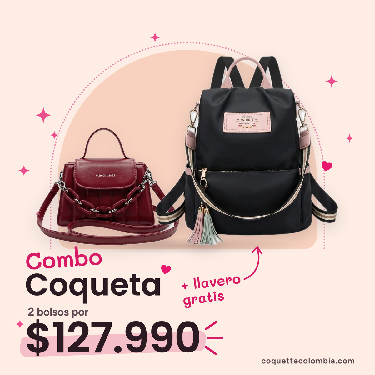 Combo Coqueta 2 bolsos: Cartera Amélie Roja + Morral Alina Negro