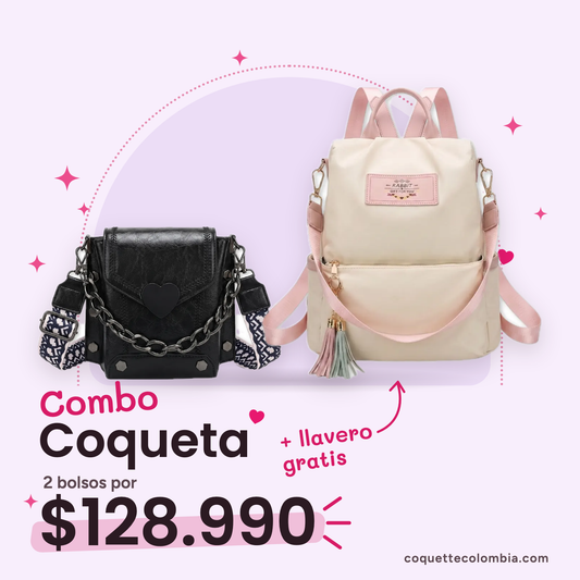 Combo Coqueta 2 bolsos: Cartera Benedetta Negro + Morral Alina Blanco