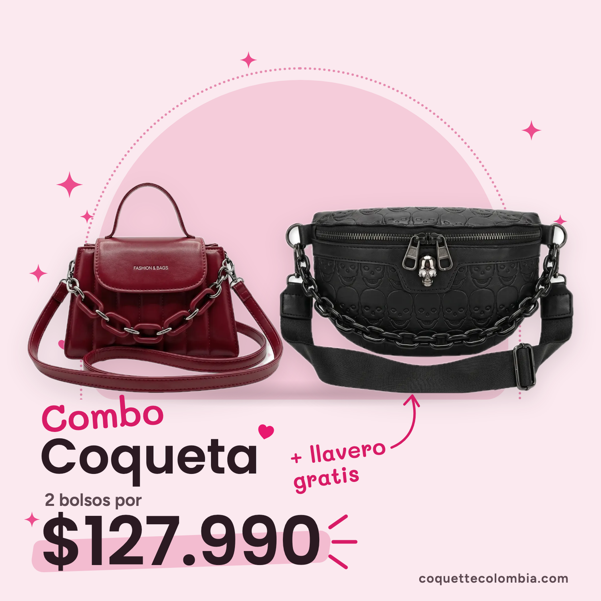 Combo Coqueta 2 bolsos: Cartera Amélie Roja + Riñonera Sofía Negra