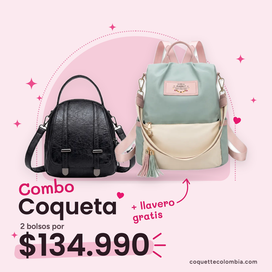Combo Coqueta 2 bolsos: Cartera Zoe Negro + Morral Alina Verde