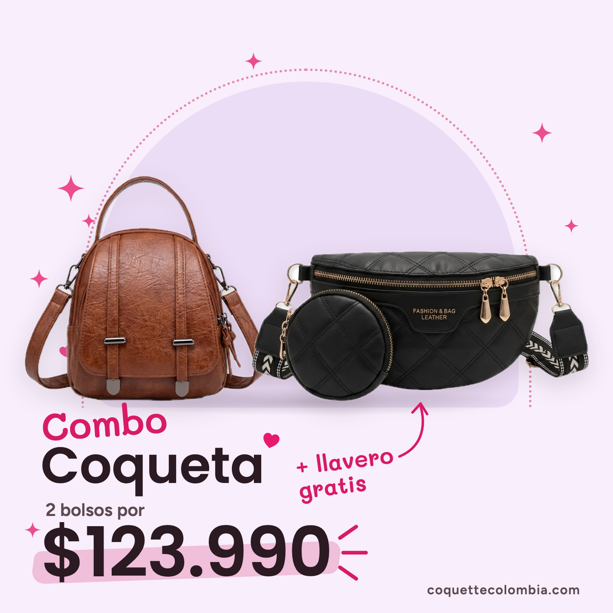Combo Coqueta 2 bolsos: Cartera Zoe Café + Riñonera Paulina Negra