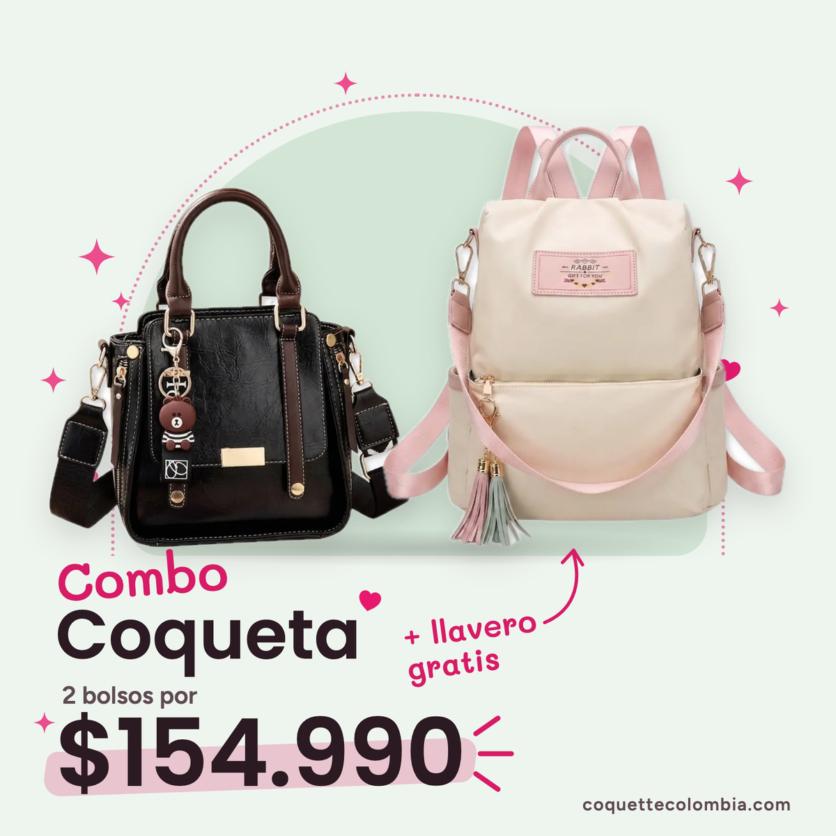 Combo Coqueta 2 bolsos: Cartera Martina Negra + Morral Alina Blanco