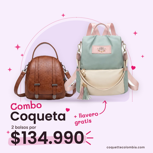 Combo Coqueta 2 bolsos: Cartera Zoe Café + Morral Alina Verde