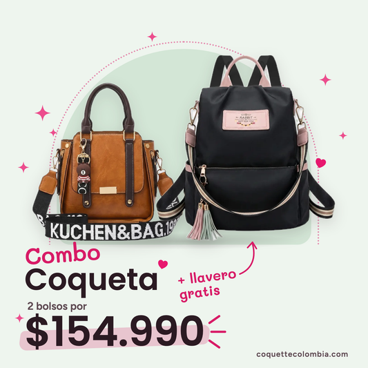 Combo Coqueta 2 bolsos: Cartera Martina Miel + Morral Alina Negro