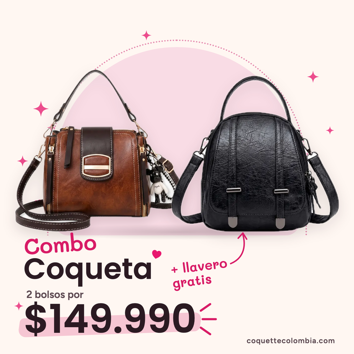 Combo Coqueta 2 bolsos: Cartera Simona Café + Cartera Zoe Negro