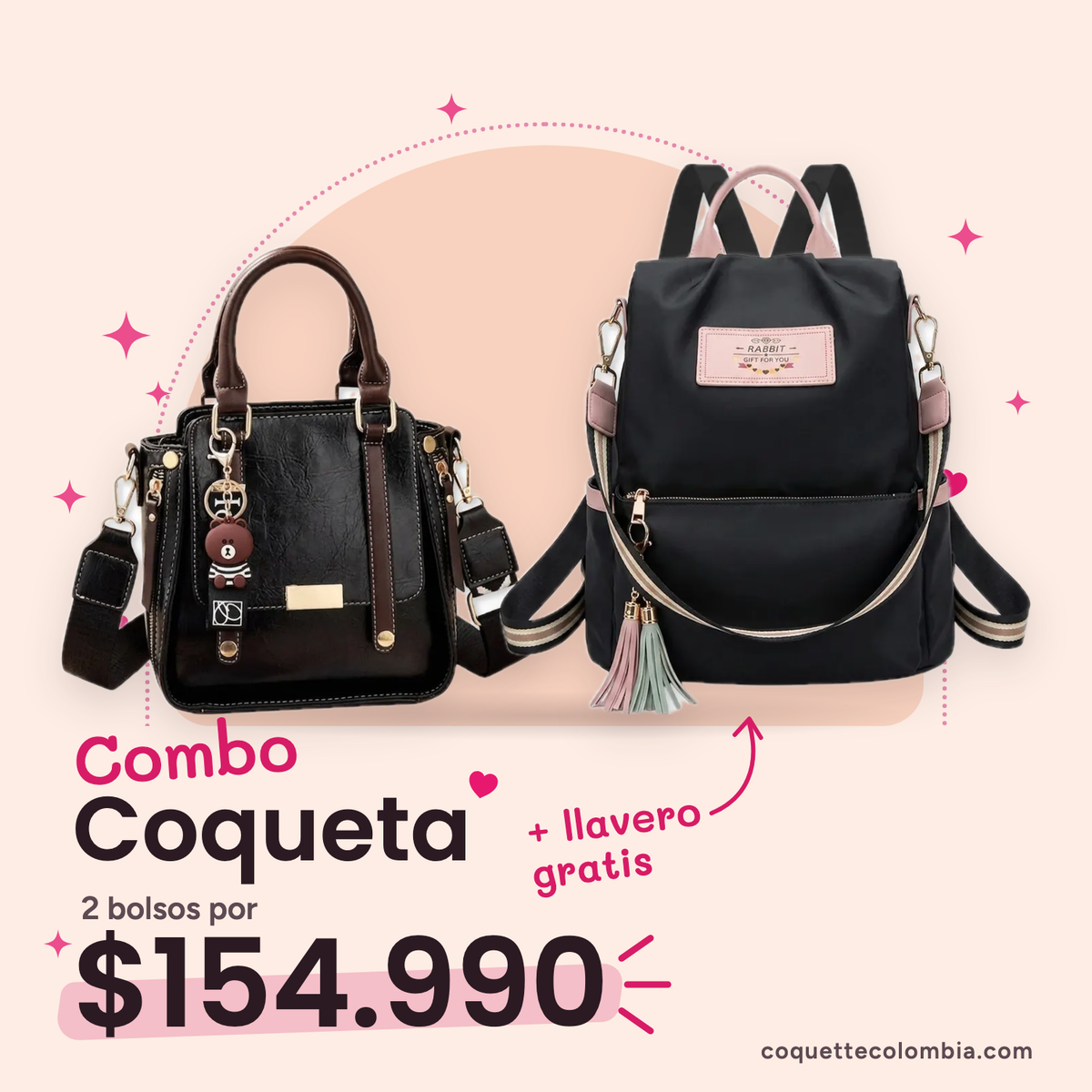 Combo Coqueta 2 bolsos: Cartera Martina Negra + Morral Alina Negro