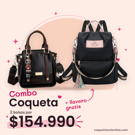 Combo Coqueta 2 bolsos: Cartera Martina Negra + Morral Alina Negro